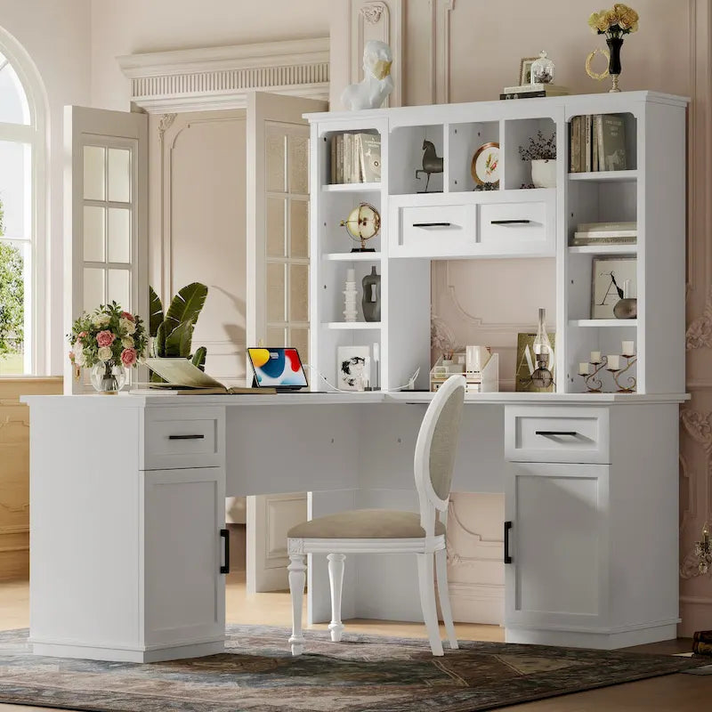 L-Shaped Desk with Storage Shelves and Power Outlet