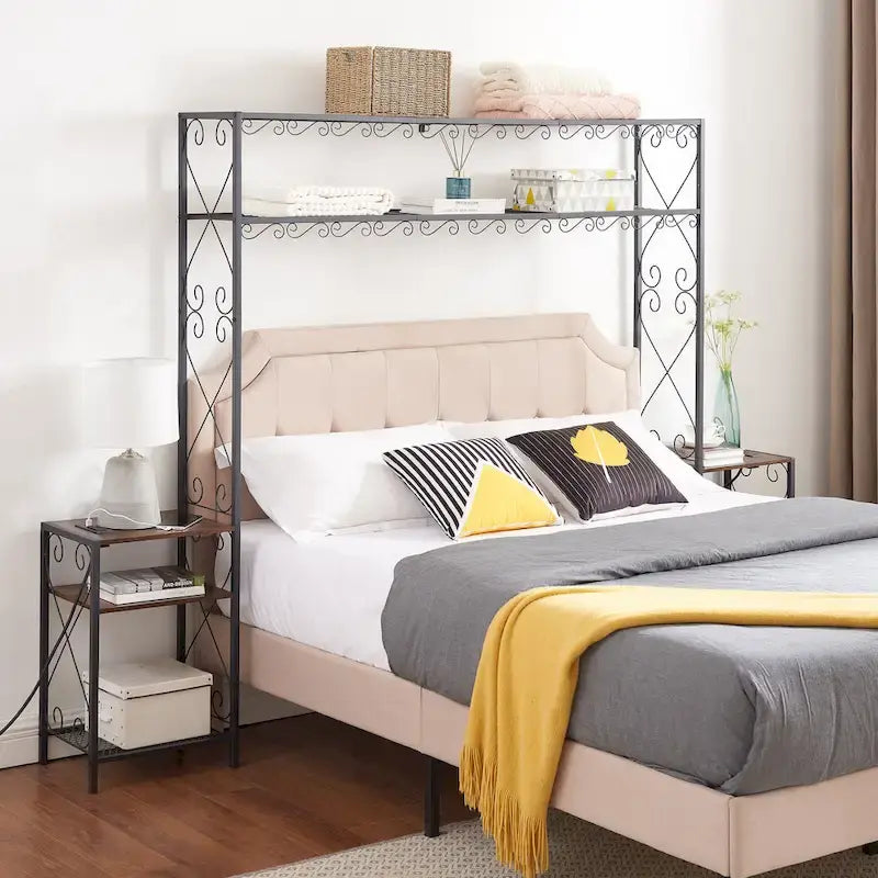 Rustic Brown Metal Queen Bed Frame, Headboard with 2 Nightstands and Bookcase
