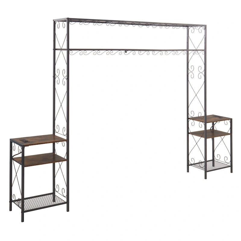 Rustic Brown Queen Metal Bed Frame with Storage and 2 Nightstands