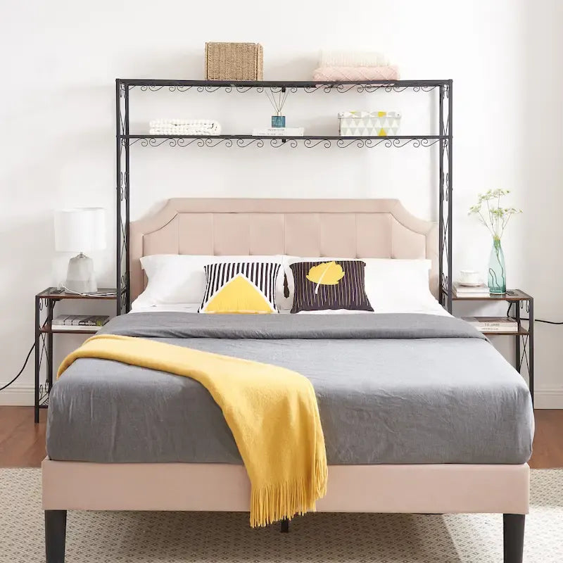 Rustic Brown Queen Metal Bed Frame with Storage and 2 Nightstands