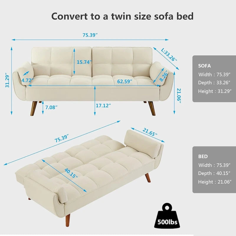 75.39-Inch Convertible Futon Sofa Bed with Split Tufted Back