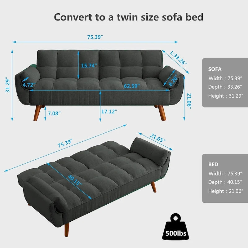 75.39-Inch Convertible Futon Sofa Bed with Split Tufted Back