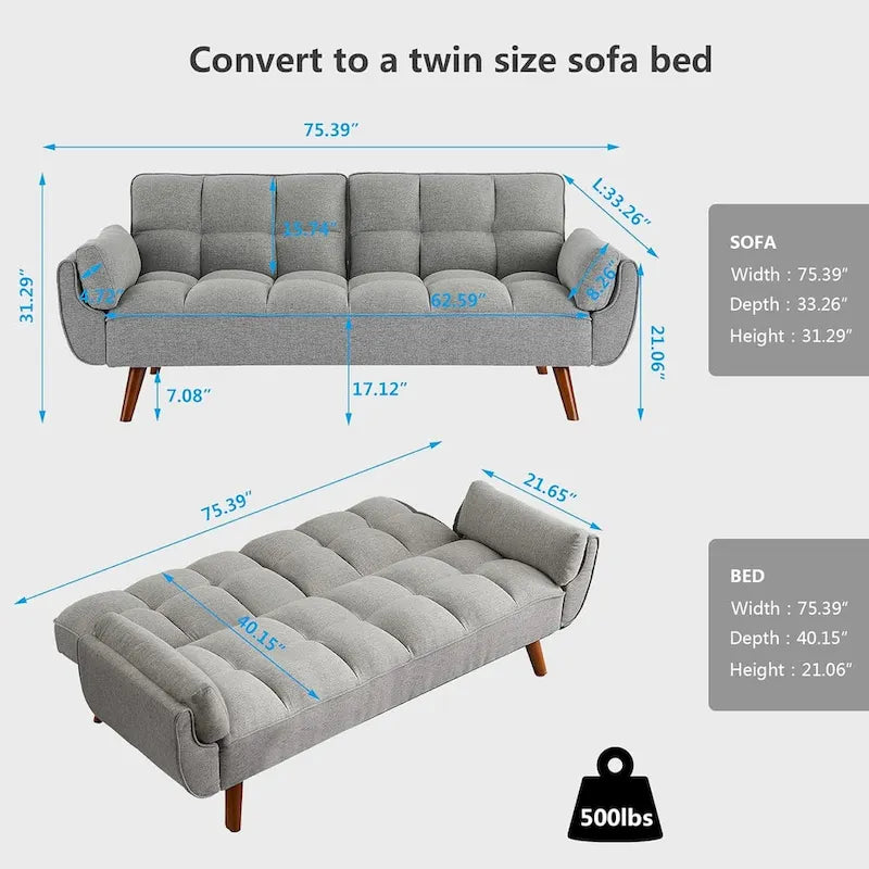 75.39-Inch Convertible Futon Sofa Bed with Split Tufted Back