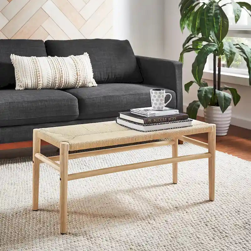 Solid Wood Bench with Woven Paper Rope Seat