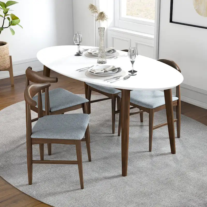67-Inch Mid-Century Modern Solid Wood Oval Dining Table in White