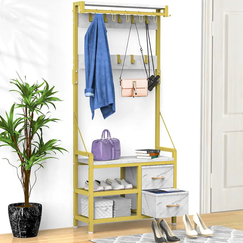 4-in-1 Hall Tree with Shoe Bench, Drawers and 17 Hooks
