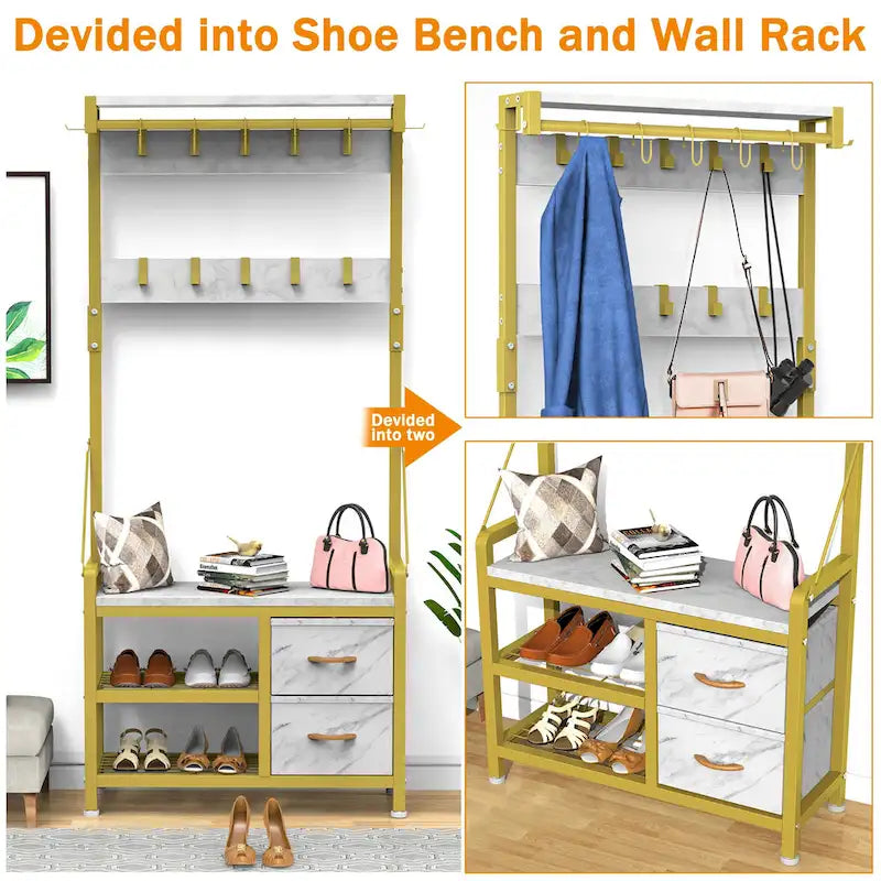 4-in-1 Hall Tree with Shoe Bench, Drawers and 17 Hooks