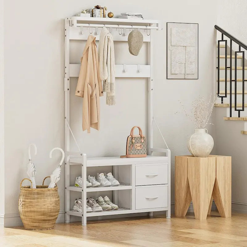 4-in-1 Hall Tree with Shoe Bench, Drawers and 17 Hooks