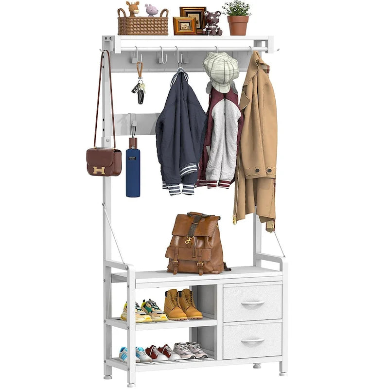 4-in-1 Hall Tree with Shoe Bench, Drawers and 17 Hooks