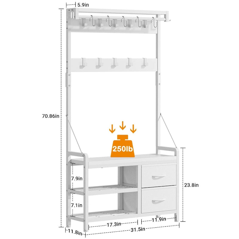 4-in-1 Hall Tree with Shoe Bench, Drawers and 17 Hooks