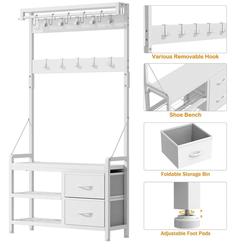 4-in-1 Hall Tree with Shoe Bench, Drawers and 17 Hooks