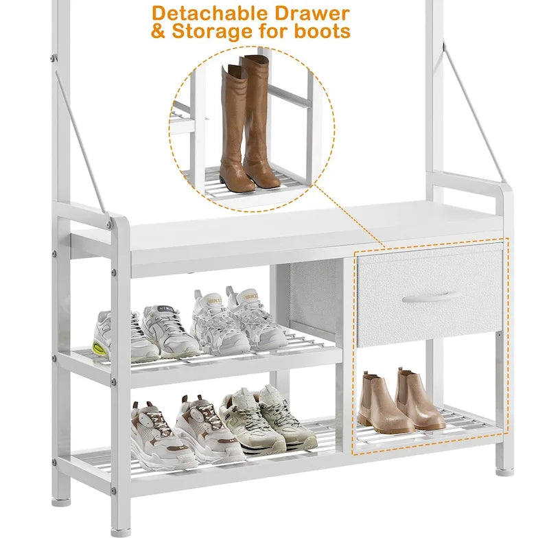 4-in-1 Hall Tree with Shoe Bench, Drawers and 17 Hooks