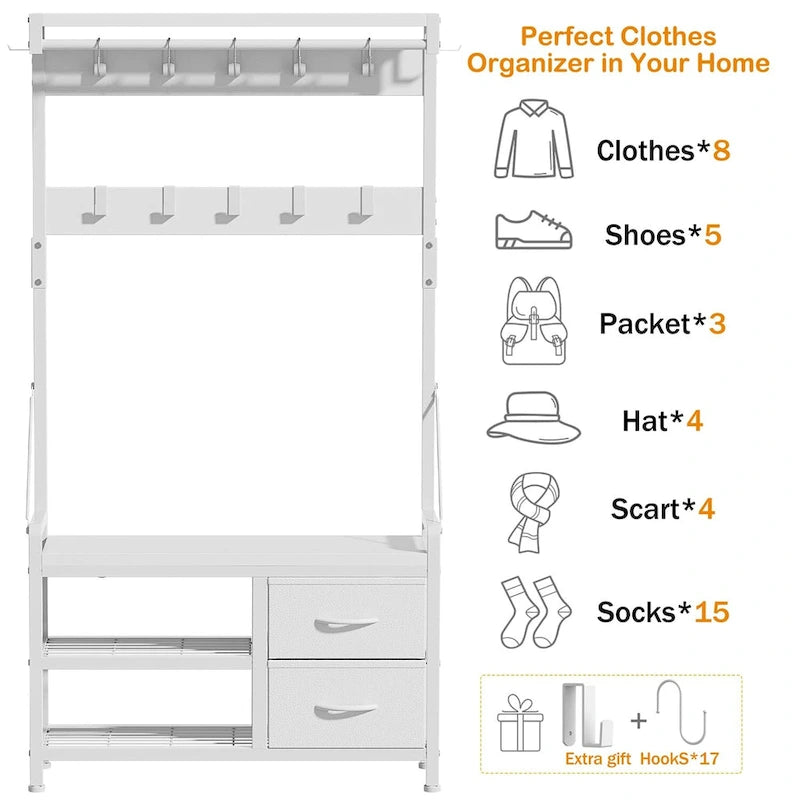 4-in-1 Hall Tree with Shoe Bench, Drawers and 17 Hooks