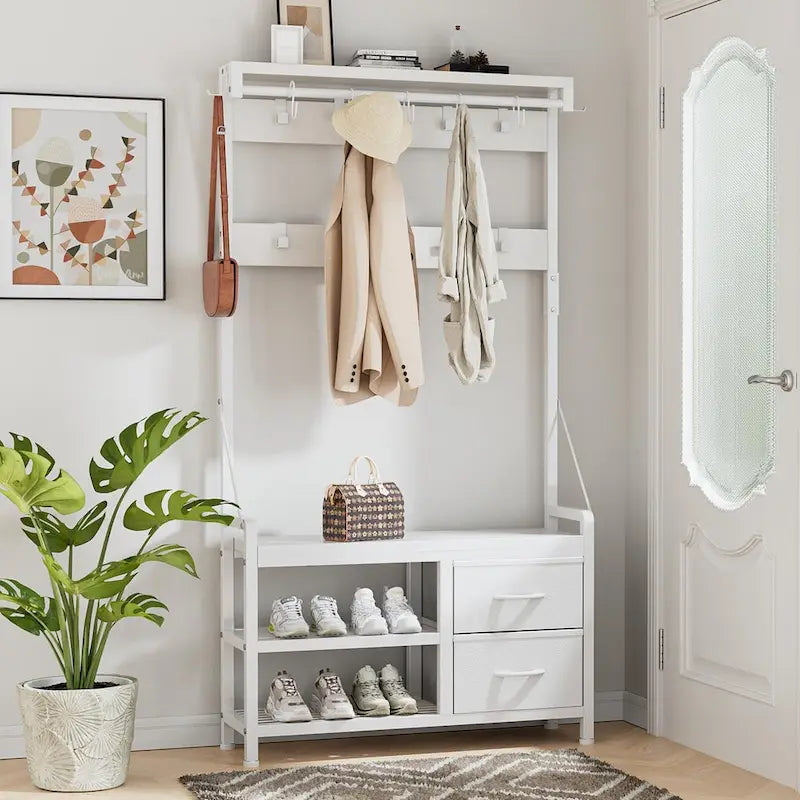 4-in-1 Hall Tree with Shoe Bench, Drawers and 17 Hooks