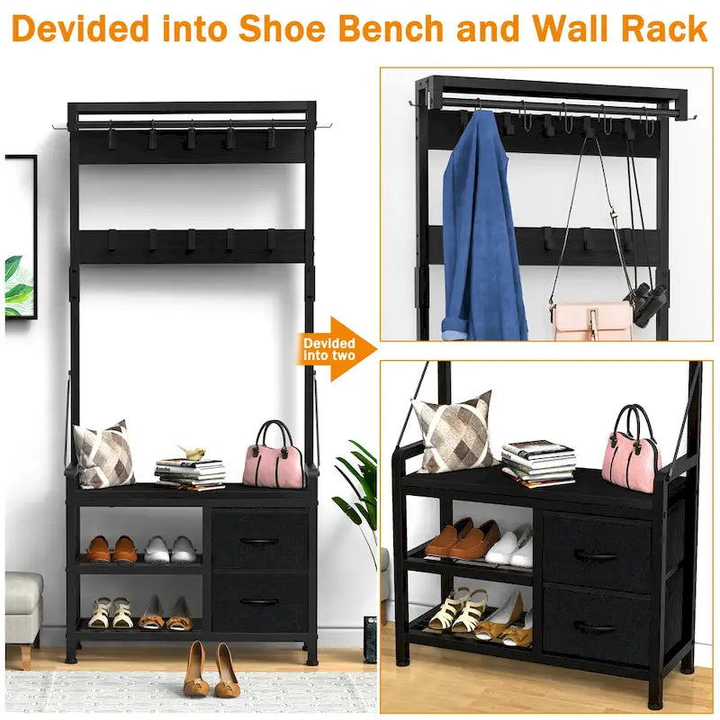 4-in-1 Hall Tree with Shoe Bench, Drawers and 17 Hooks