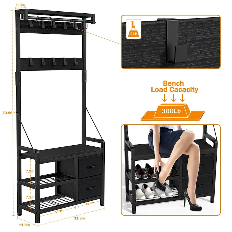 4-in-1 Hall Tree with Shoe Bench, Drawers and 17 Hooks