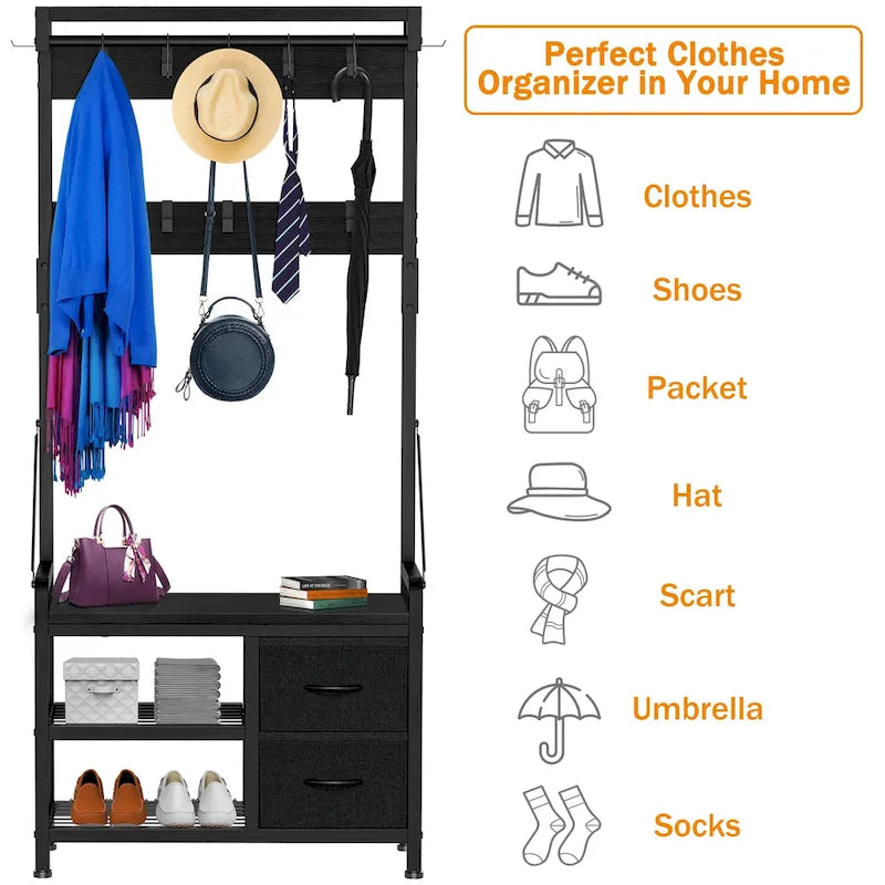 4-in-1 Hall Tree with Shoe Bench, Drawers and 17 Hooks