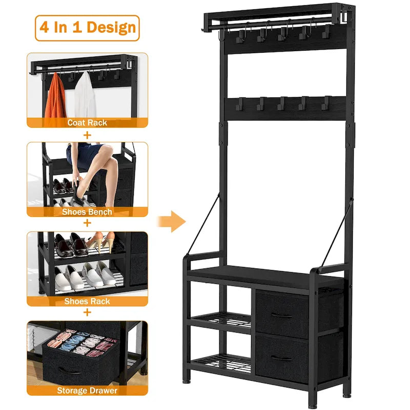 4-in-1 Hall Tree with Shoe Bench, Drawers and 17 Hooks