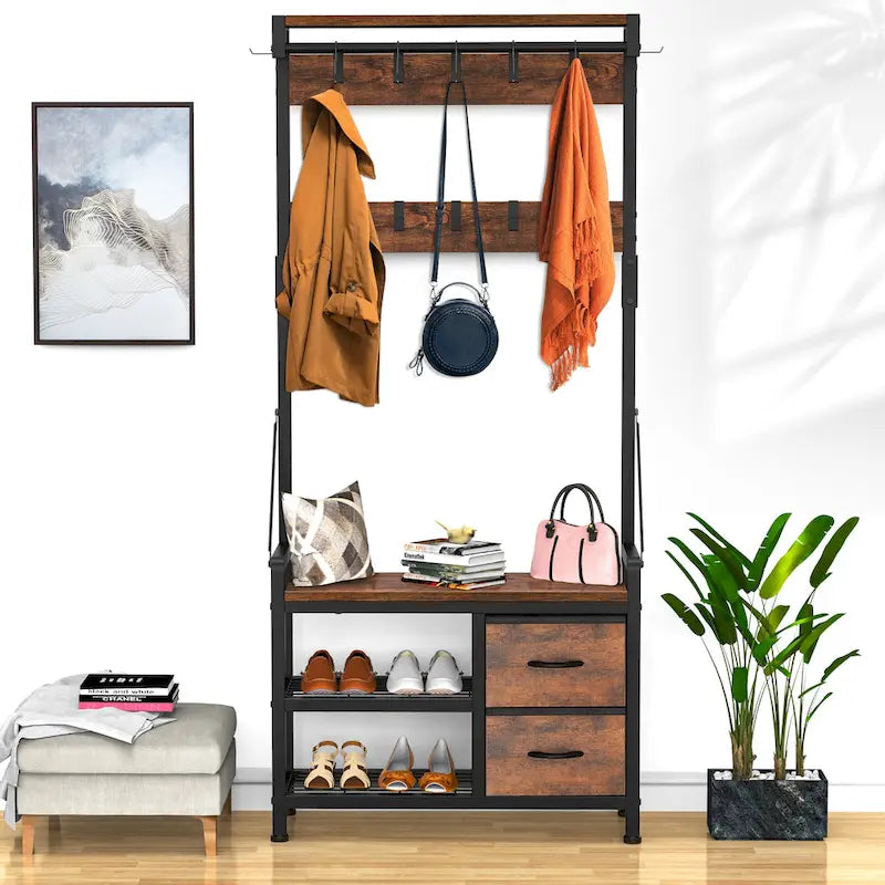 4-in-1 Hall Tree with Shoe Bench, Drawers and 17 Hooks