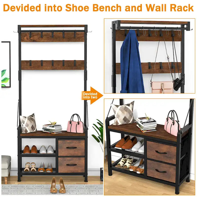 4-in-1 Hall Tree with Shoe Bench, Drawers and 17 Hooks