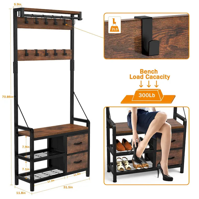 4-in-1 Hall Tree with Shoe Bench, Drawers and 17 Hooks