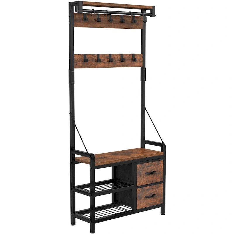 4-in-1 Hall Tree with Shoe Bench, Drawers and 17 Hooks