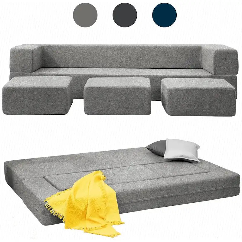 Queen Convertible Velvet Futon Sofa Bed with 3 Ottomans