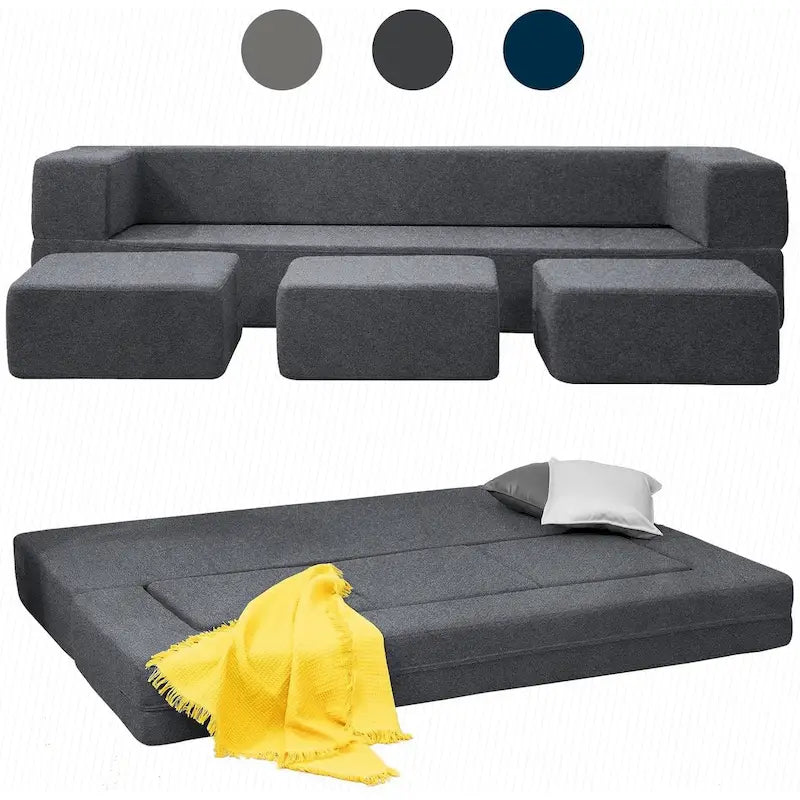 Queen Convertible Velvet Futon Sofa Bed with 3 Ottomans