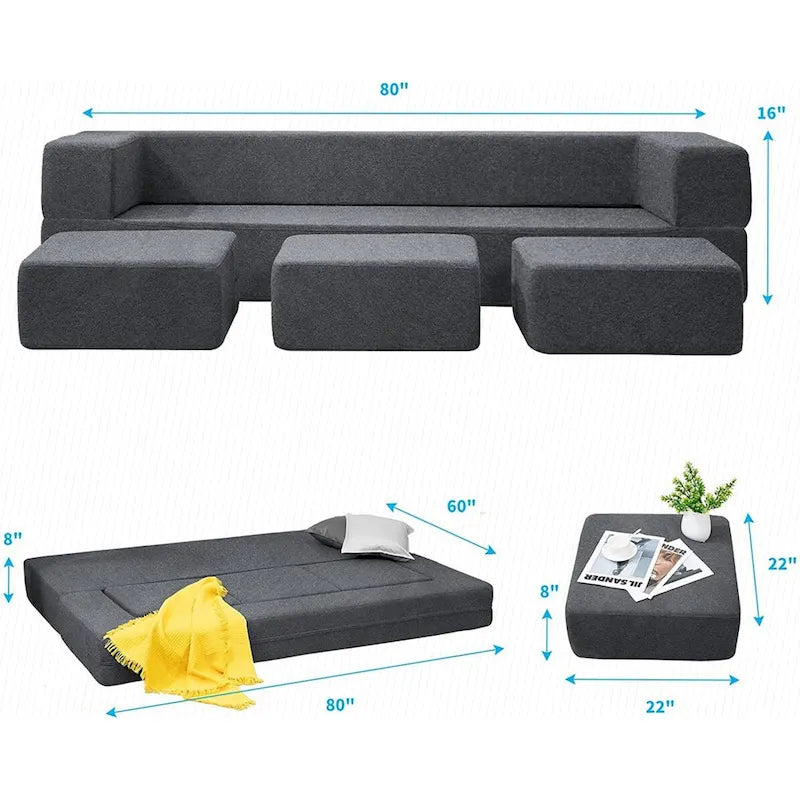Queen Convertible Velvet Futon Sofa Bed with 3 Ottomans