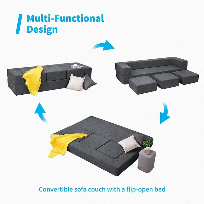 Queen Convertible Velvet Futon Sofa Bed with 3 Ottomans