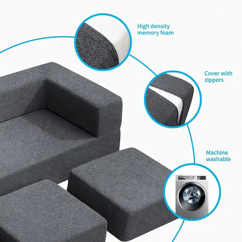 Queen Convertible Velvet Futon Sofa Bed with 3 Ottomans