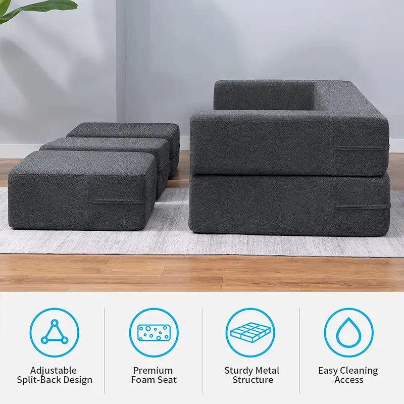 Queen Convertible Velvet Futon Sofa Bed with 3 Ottomans