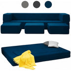 Queen Convertible Velvet Futon Sofa Bed with 3 Ottomans
