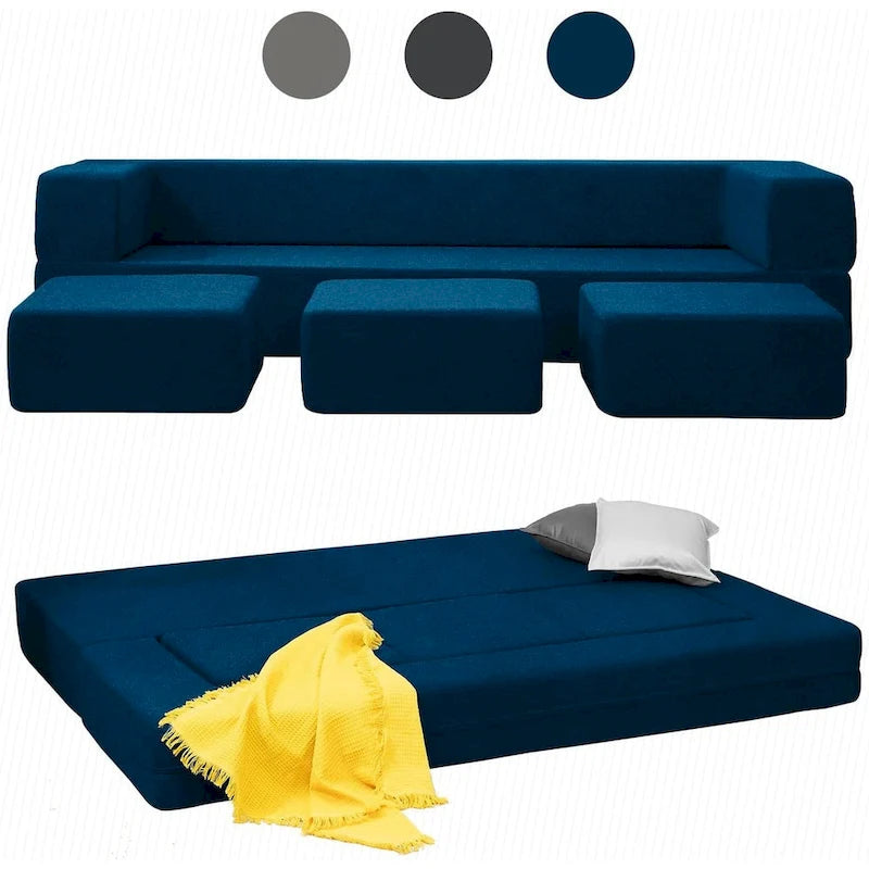 Queen Convertible Velvet Futon Sofa Bed with 3 Ottomans