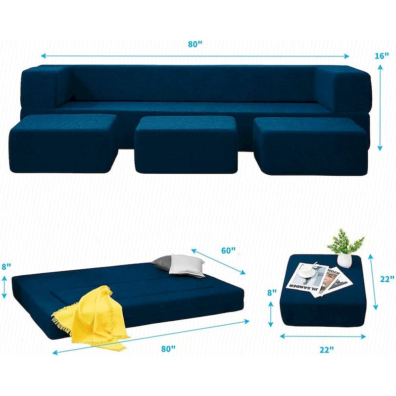 Queen Convertible Velvet Futon Sofa Bed with 3 Ottomans