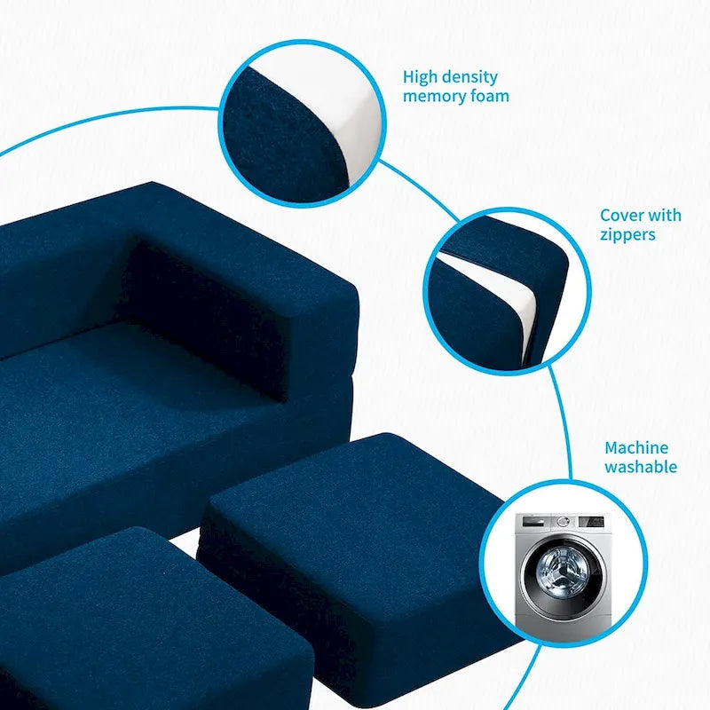 Queen Convertible Velvet Futon Sofa Bed with 3 Ottomans