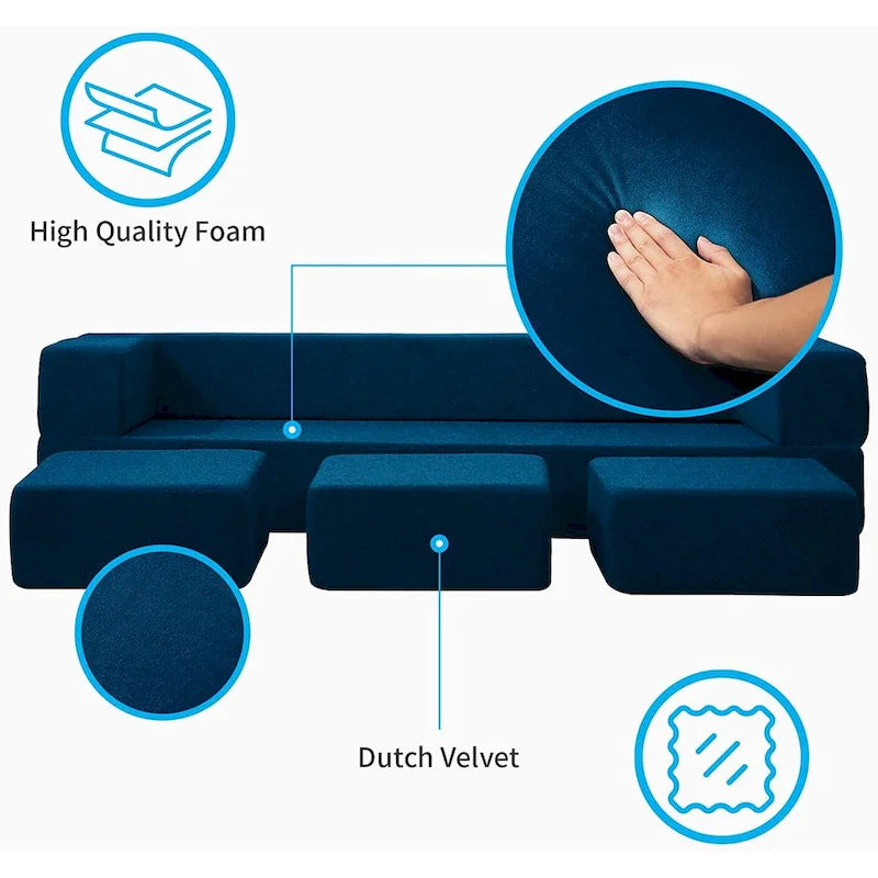 Queen Convertible Velvet Futon Sofa Bed with 3 Ottomans