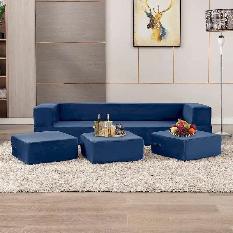 Queen Convertible Velvet Futon Sofa Bed with 3 Ottomans