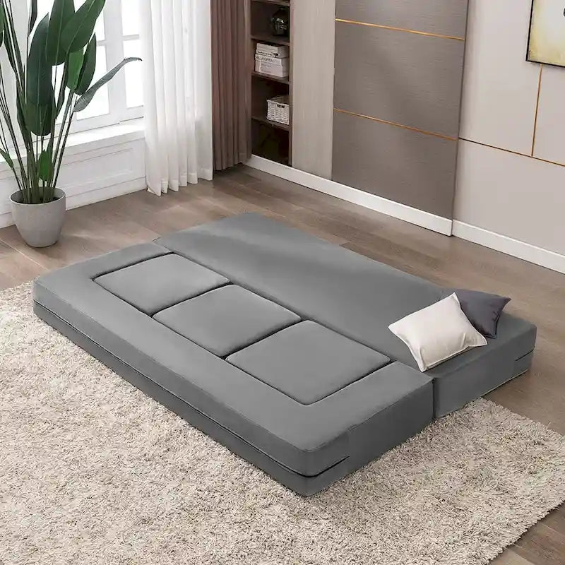 Queen Convertible Velvet Futon Sofa Bed with 3 Ottomans