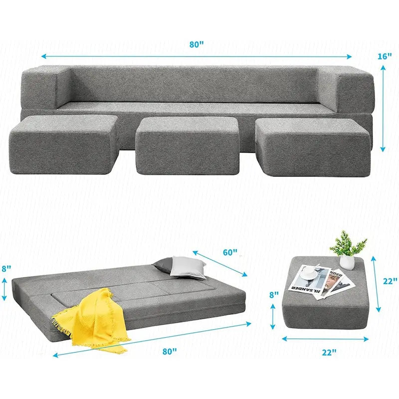 Queen Convertible Velvet Futon Sofa Bed with 3 Ottomans