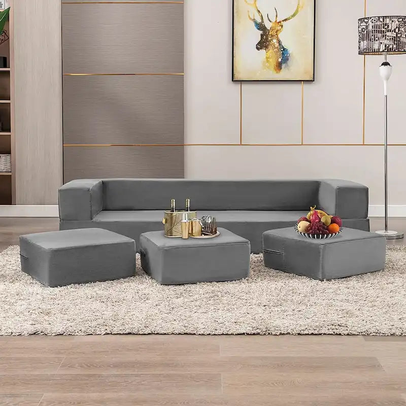 Queen Convertible Velvet Futon Sofa Bed with 3 Ottomans