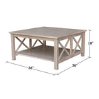 Solid Wood Square Coffee Table with Shelf - 36 x 36