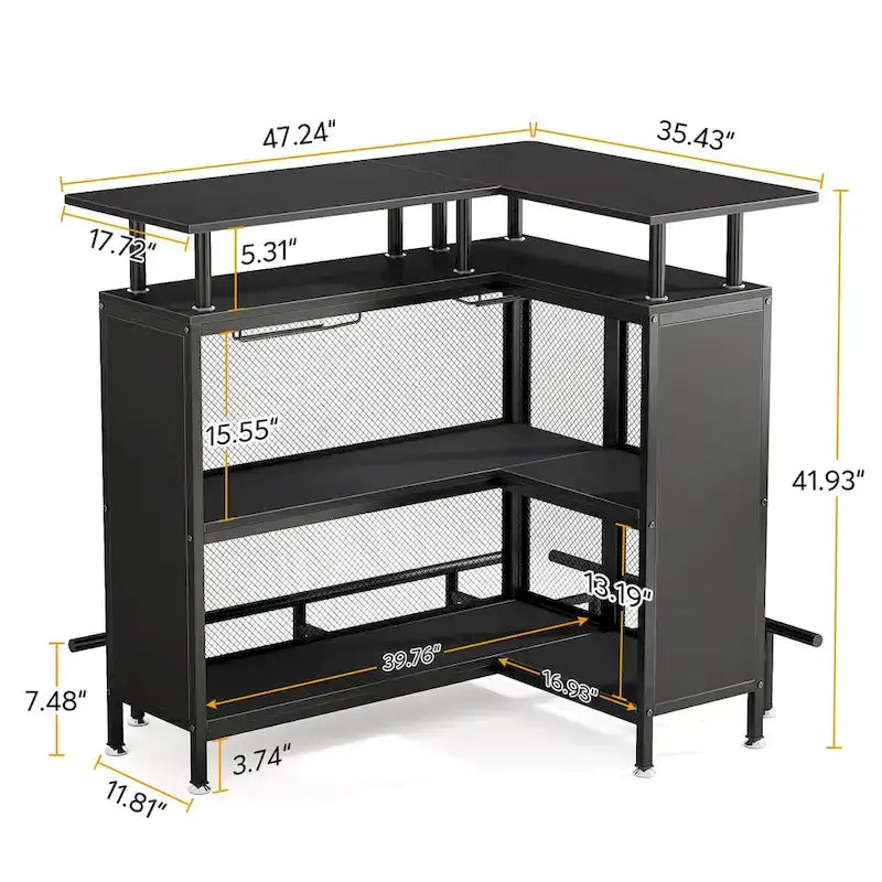 L-Shaped Bar Table with Wine Glass Racks and Storage Shelves