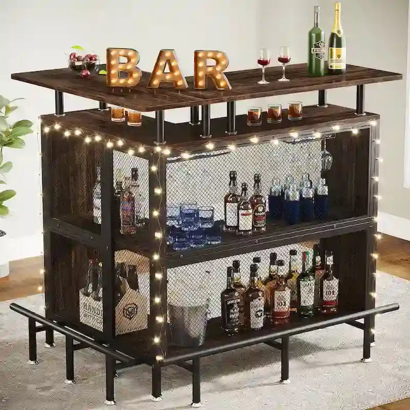 L-Shaped Bar Table with Wine Glass Racks and Storage Shelves