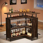 L-Shaped Bar Table with Wine Glass Racks and Storage Shelves