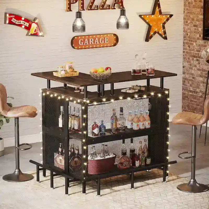 L-Shaped Bar Table with Wine Glass Racks and Storage Shelves