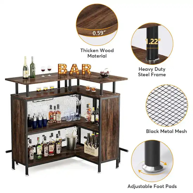 L-Shaped Bar Table with Wine Glass Racks and Storage Shelves