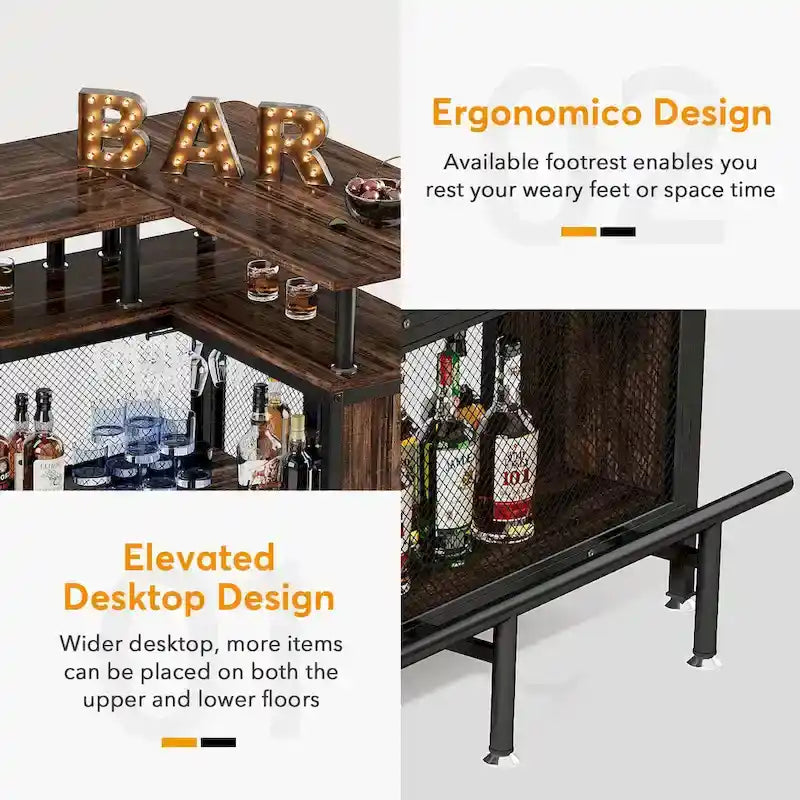 L-Shaped Bar Table with Wine Glass Racks and Storage Shelves