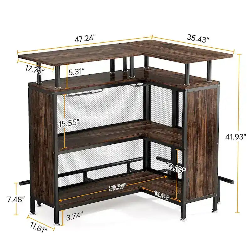 L-Shaped Bar Table with Wine Glass Racks and Storage Shelves