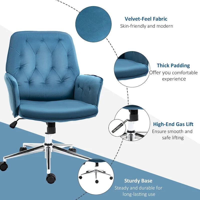 Mid-Back Tufted Velvet Office Chair with Arms, Adjustable Height and Swivel